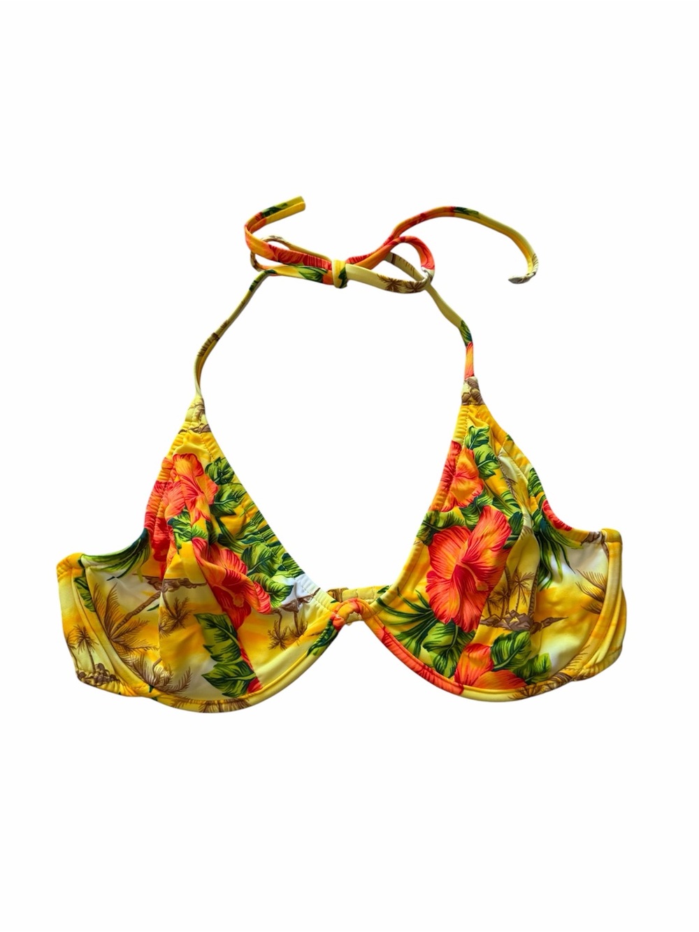 Vintage Yellow Floral Bikini Top with Red-Orange Hibiscus